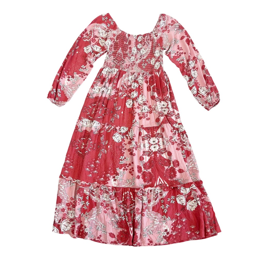 Natural Life Boho Floral Patchwork Smocked Maxi Dress XL Pink Red Long Sleeve